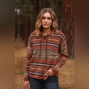 CHAPS Denim Women's Sweater Knit Southwest Stripe Pullover Lace Up Collar Sz Lg